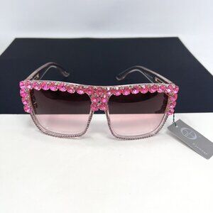 Oversized Retro Shield SUN GLASSES Pink Frame Lens & Large Rhinestones